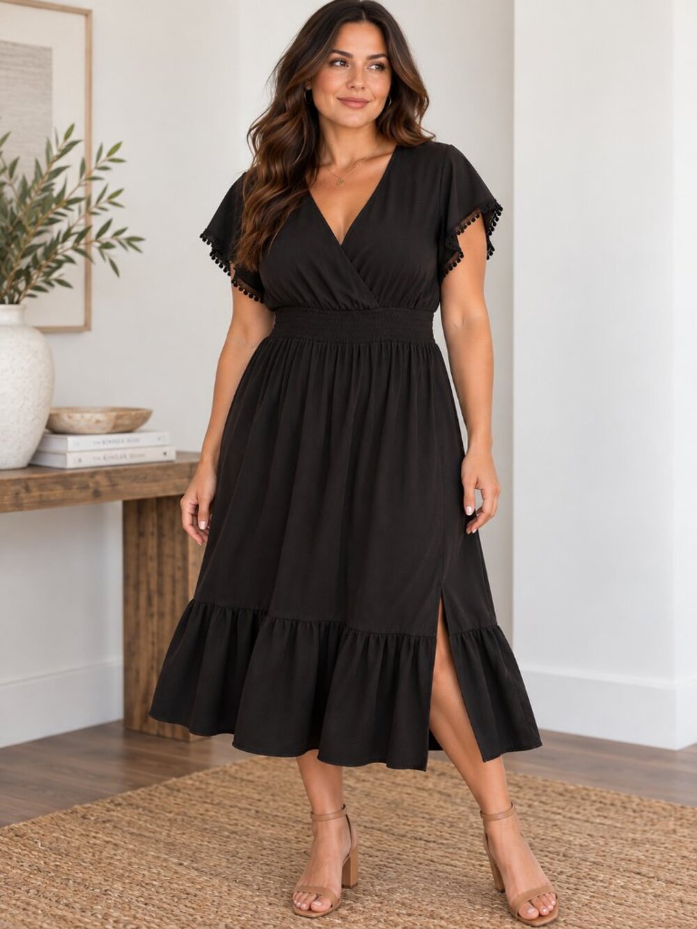 SHEIN Curve 1XL Black Surplice Dress Smocked Waist Ruffle Lace Sleeves